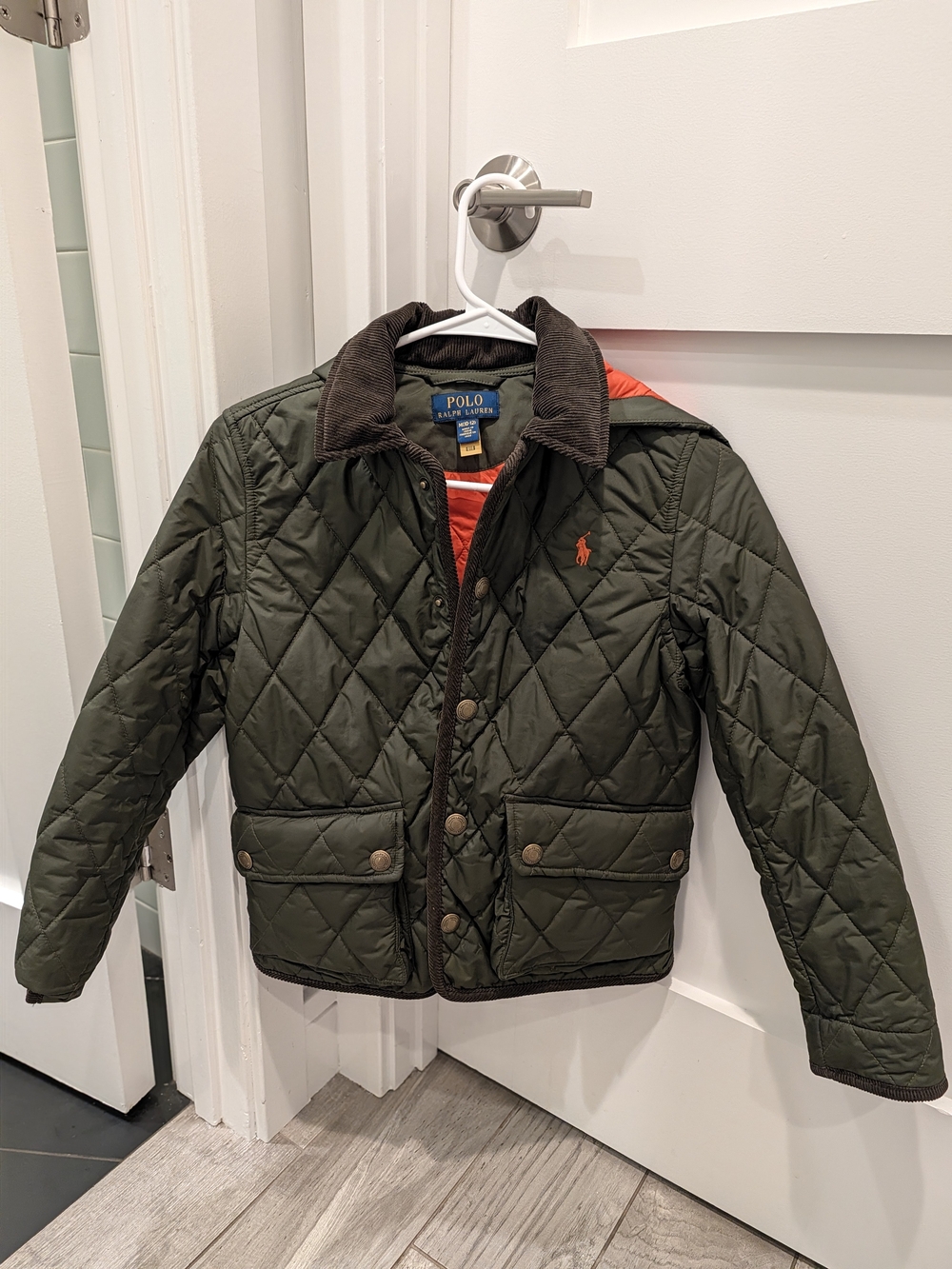 Polo by Ralph Lauren Kids Quilted Olive Puffer Pea Coat with Orange Lining
